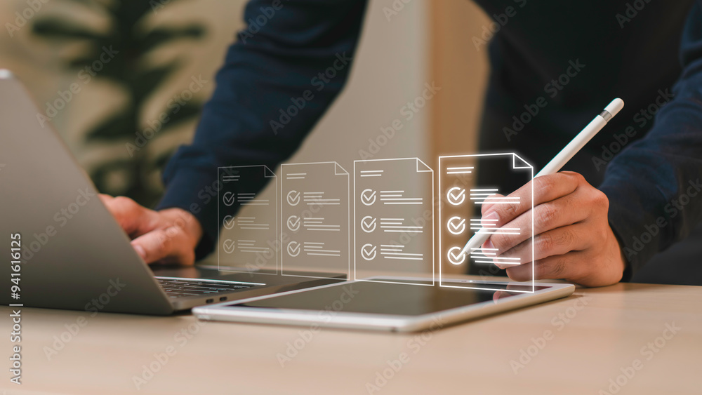 Human resources management concept, Business and technology Fill out an online employee assessment form. Human resource management, HR, recruitment, leadership and teambuilding.