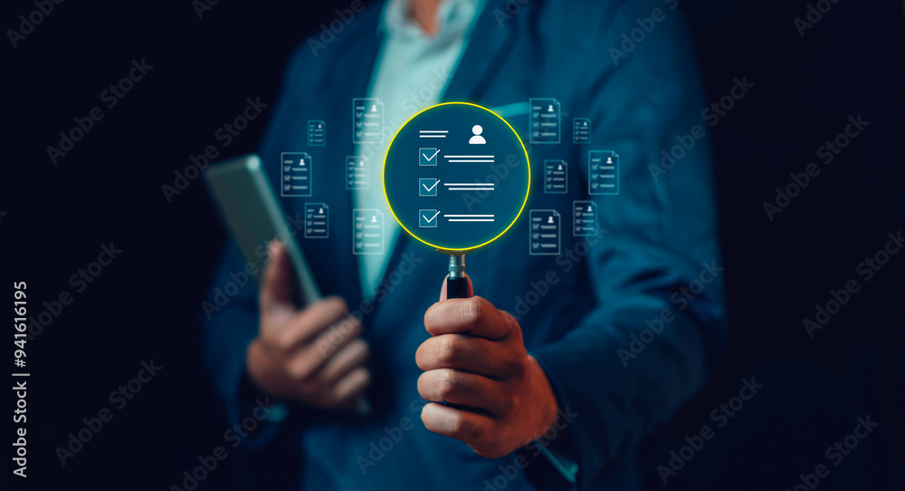 Human resources management concept, Business and technology Fill out an online employee assessment form. Human resource management, HR, recruitment, leadership and teambuilding.