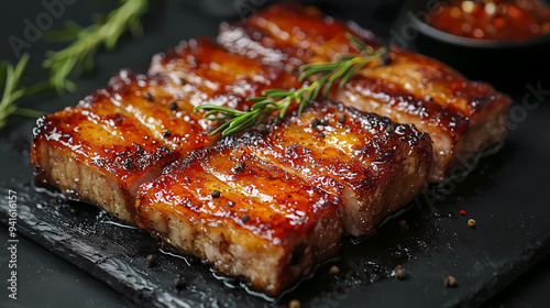 Delicious grilled meat with glossy glaze, garnished with fresh herbs, evokes sense of indulgence and satisfaction.