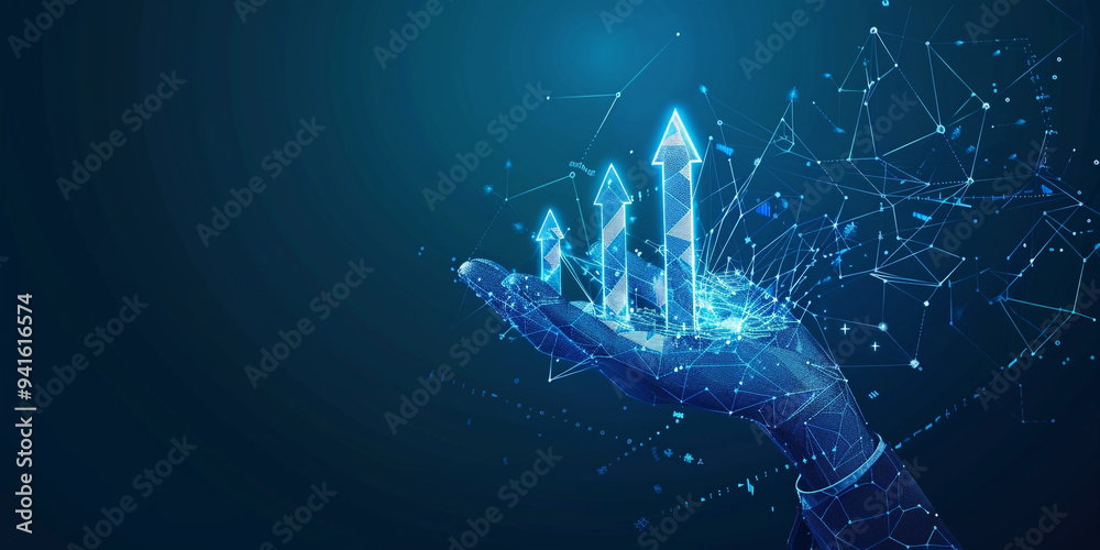 Abstract digital businessman hand holding rising arrows Abstract digital businessman hand holding rising arrows