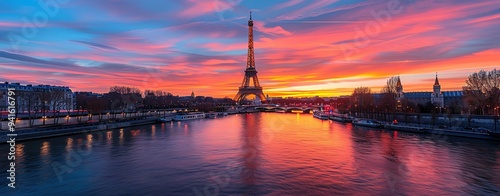 Photograph the iconic landmarks of Paris, France, including the Eiffel Tower and the Seine River, under the warm glow of sunset. Shot with Nikon lens