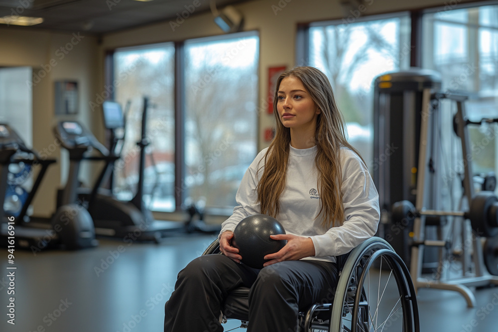 Empowering Image of a Disabled Woman in a Wheelchair Holding a Medicine Ball in a Modern Gym, Highlighting Strength, Determination, and the Importance of Inclusive Fitness in Adaptive Sports and Rehab Empowering Image of a Disabled Woman in a Wheelchair Holding a Medicine Ball in a Modern Gym, Highlighting Strength, Determination, and the Importance of Inclusive Fitness in Adaptive Sports and Rehab