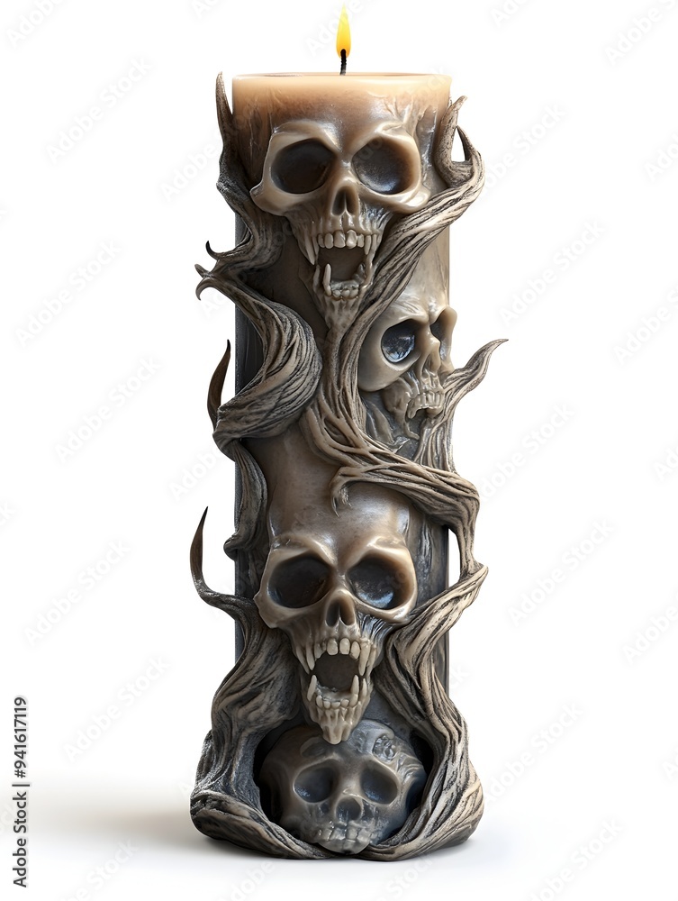 Naklejka premium Spooky Halloween Themed Candles with Haunting Skull and Hand Motifs in Dimly Lit Shadowy Setting on Isolated White Background