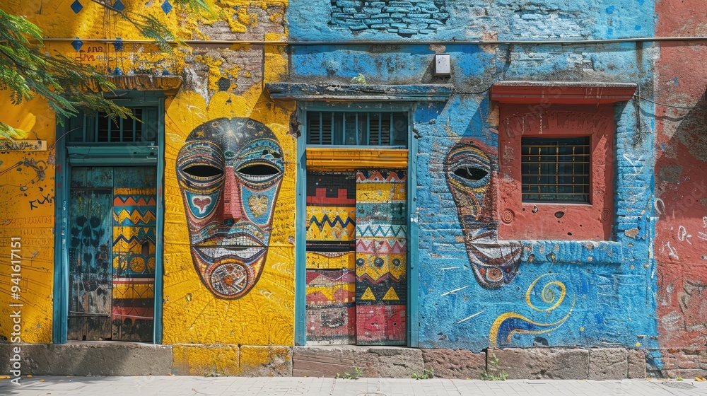 Naklejka premium Capture the vibrant street art and colorful buildings in the historic neighborhood of La Boca in Buenos Aires, Argentina. Shot with Sony lens