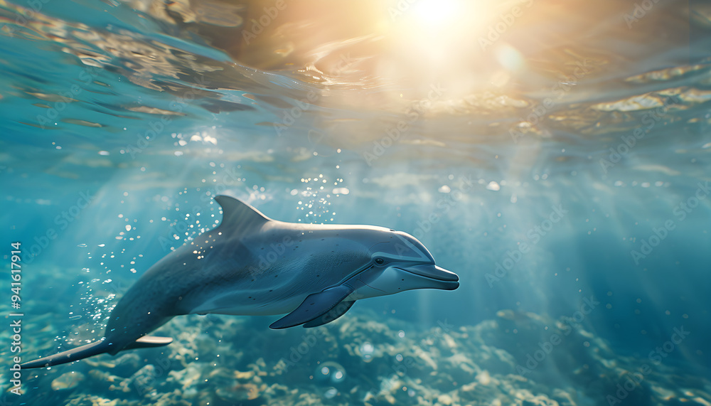Obraz premium Dolphin in the ocean. Top view of a dolphin in the ocean with natural light and shadows. Summer Calm: Dolphins swim in the ocean against a clear blue background, sunshine and calm.
