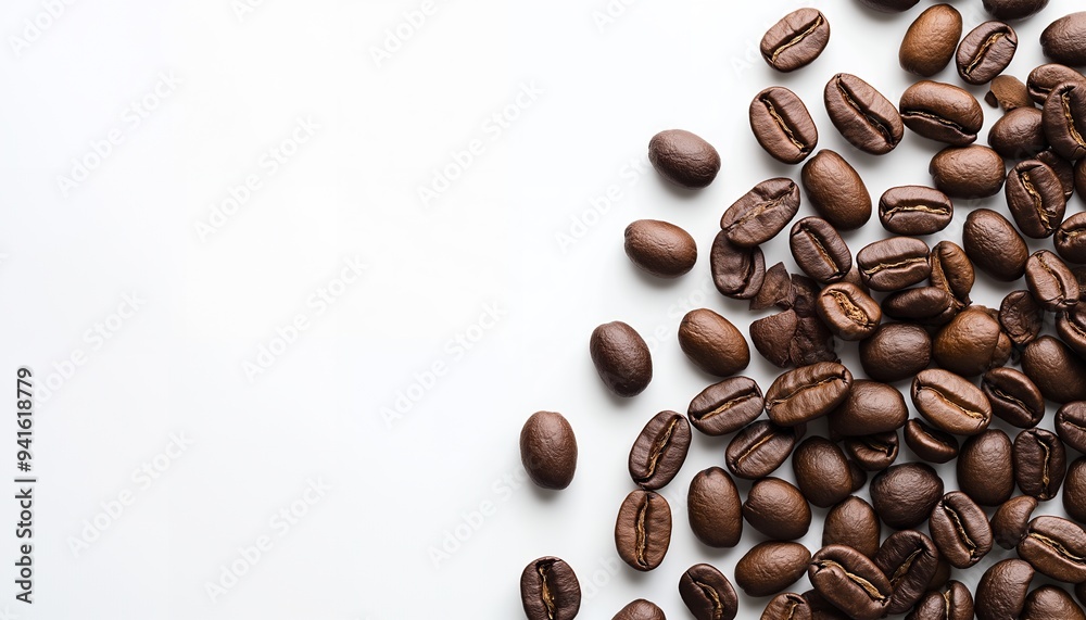 Obraz premium A close-up of scattered coffee beans on a white background.