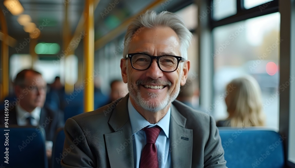 Fototapeta premium Portrait of a happy, smiling middle-aged businessman wearing eyeglasses, sitting on a public city transport bus seat near the window