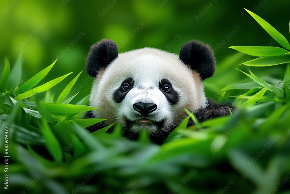 Naklejka premium A panda bear resting in a bamboo grove, surrounded by the rich greenery and dappled sunlight, creating a serene and peaceful image
