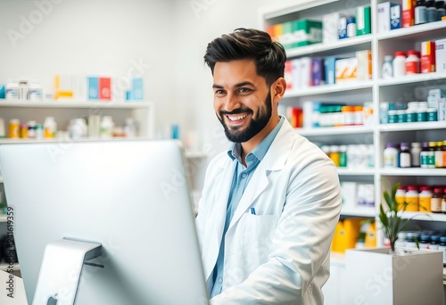 Smiling Doctor in White Coat in Front of Medicine Shelf