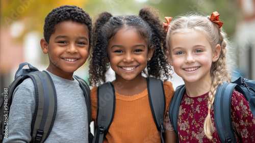 Close-up of three small children standing in front of their elementray school