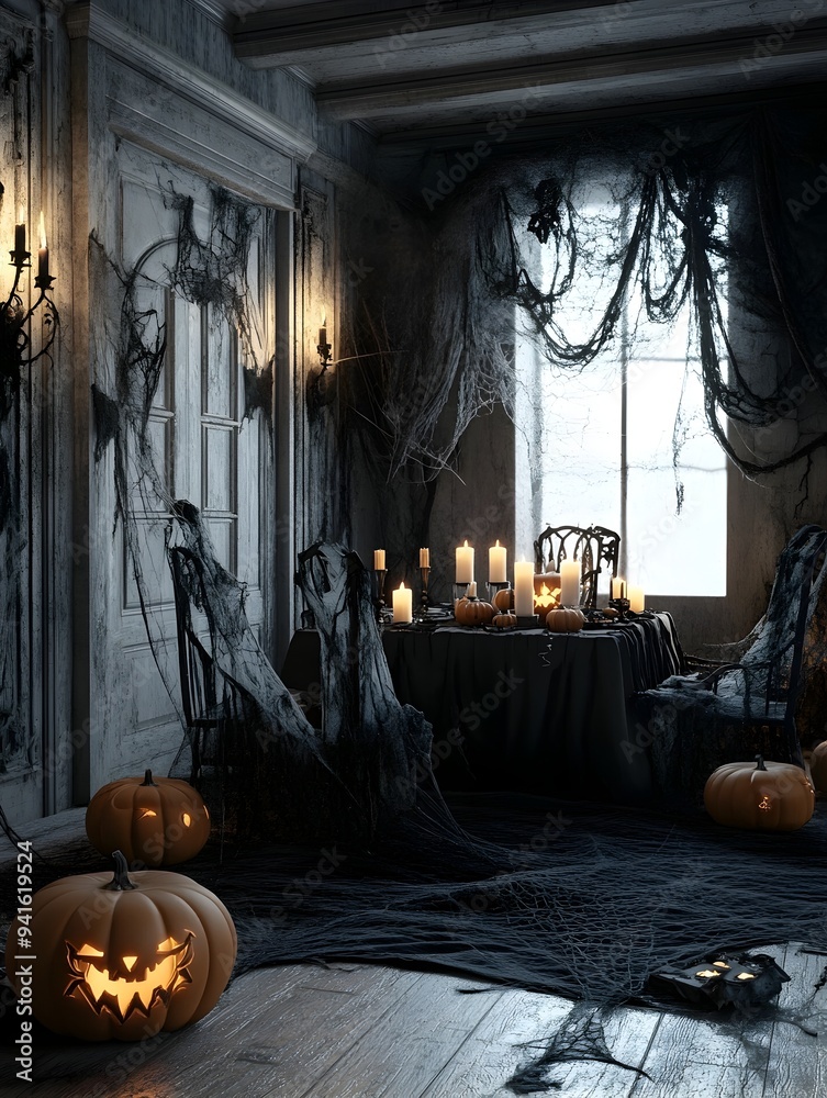 Obraz premium Spooky Haunted Mansion Halloween Party Setup with Eerie Lighting and Ghostly Decor