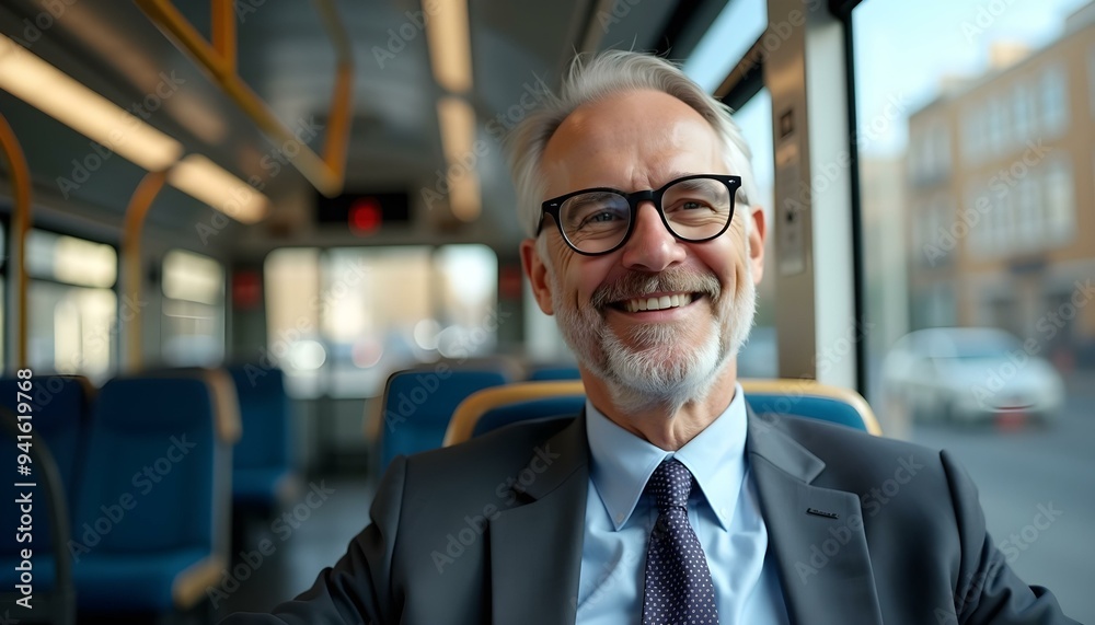 Fototapeta premium Portrait of a happy, smiling middle-aged businessman wearing eyeglasses, sitting on a public city transport bus seat near the window