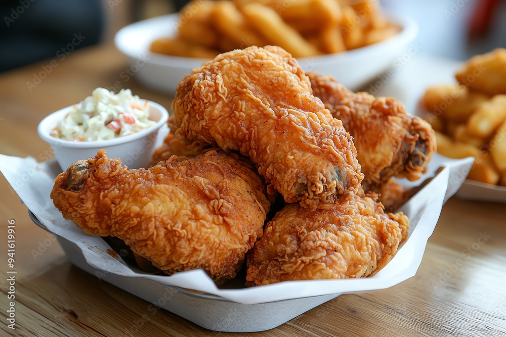 A mouthwatering image of a street vendor serving crispy fried chicken, with sides like coleslaw and hot sauce, all arranged on a rustic wooden counter A mouthwatering image of a street vendor serving crispy fried chicken, with sides like coleslaw and hot sauce, all arranged on a rustic wooden counter