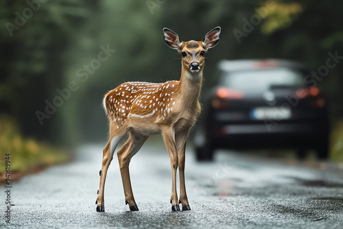 Young deer on a wet road in front of a car photo