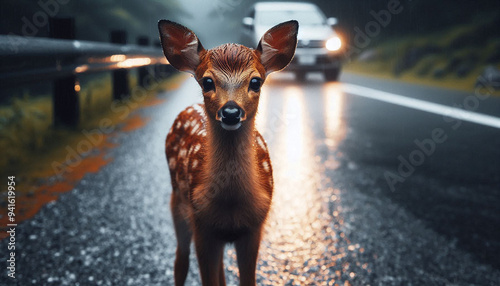 Young deer on a wet road in front of a car photo