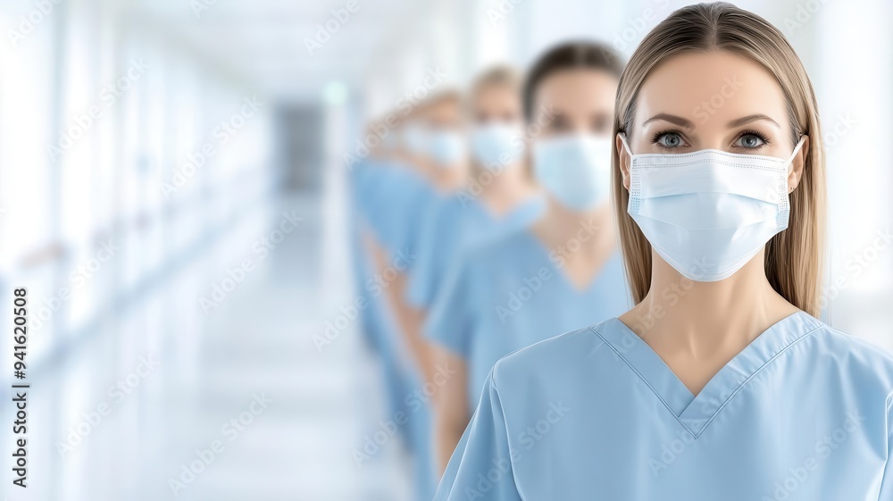 A line of healthcare workers standing together in a hospital corridor, looking determined A line of healthcare workers standing together in a hospital corridor, looking determined