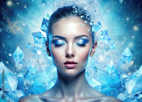 Cryo-Infused Radiance: Blue hues, icy crystals, revitalized skin