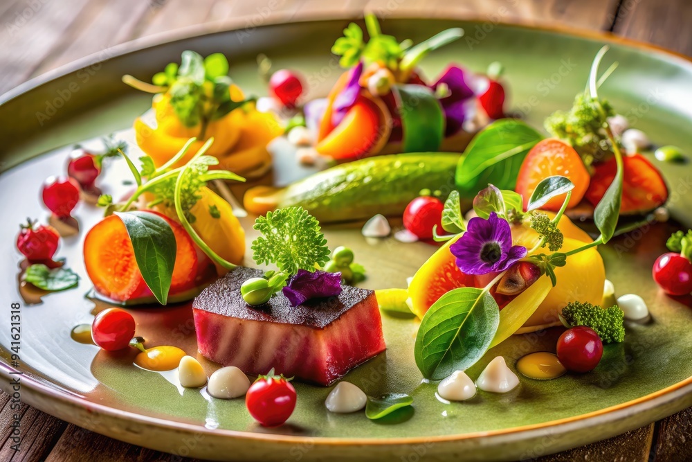 Culinary Canvas: Creative plating, artistic arrangements, vibrant colors, contemporary style