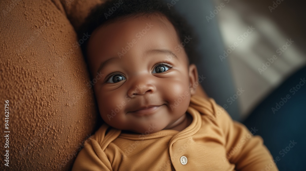 A happy baby smiles joyfully while resting comfortably in a cozy environment during a sunny afternoon A happy baby smiles joyfully while resting comfortably in a cozy environment during a sunny afternoon