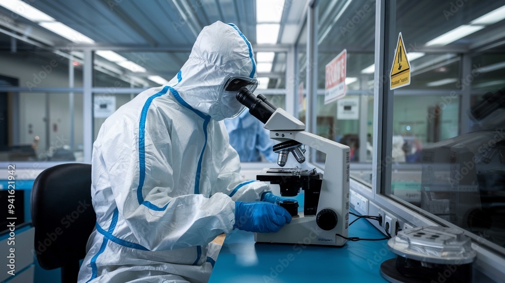 Biologist in hazmat suit studying virus samples in containment laboratory Biologist in hazmat suit studying virus samples in containment laboratory