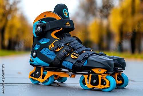 A pair of adaptive inline skates with ankle support and adjustable straps, built for athletes with lower-limb disabilities photo