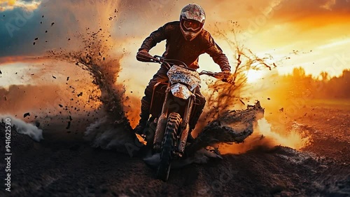 A man is riding a dirt bike through a muddy field