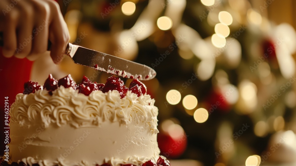 Christmas Cake Cutting Ceremony: Indulge in the festive spirit as a hand carefully cuts into a decadent Christmas cake adorned with cherries, set against a backdrop of twinkling lights. Christmas Cake Cutting Ceremony: Indulge in the festive spirit as a hand carefully cuts into a decadent Christmas cake adorned with cherries, set against a backdrop of twinkling lights.