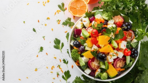 a bowl of fruit salad with a bowl of fruit and orange