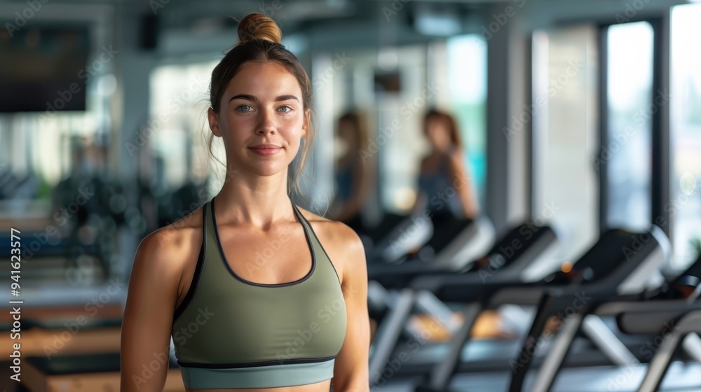 Fototapeta premium Young woman standing confidently in gym, wearing athletic wear, with blurred background of fitness equipment and workout environment.