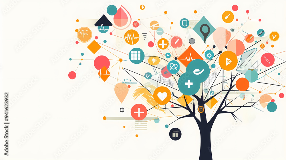 A vibrant tree design filled with colorful icons representing health, technology, and data. composition conveys sense of growth and interconnectedness. A vibrant tree design filled with colorful icons representing health, technology, and data. composition conveys sense of growth and interconnectedness.