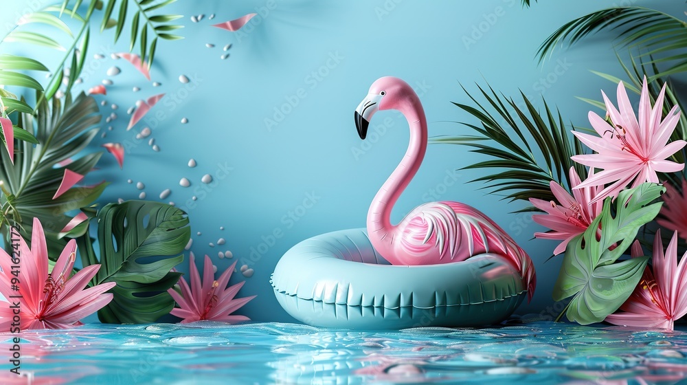 Obraz premium creative summer Flamingo float flying on blue 3d background 