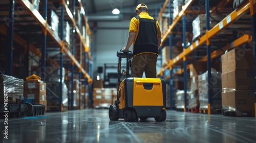 A warehouse worker using a pallet truck to move heavy pallets across the floor