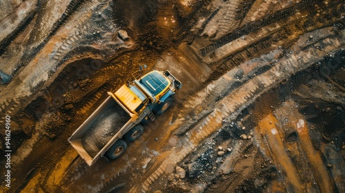 Aerial view of an articulated dump truck maneuvering around a construction site with workers coordinating below