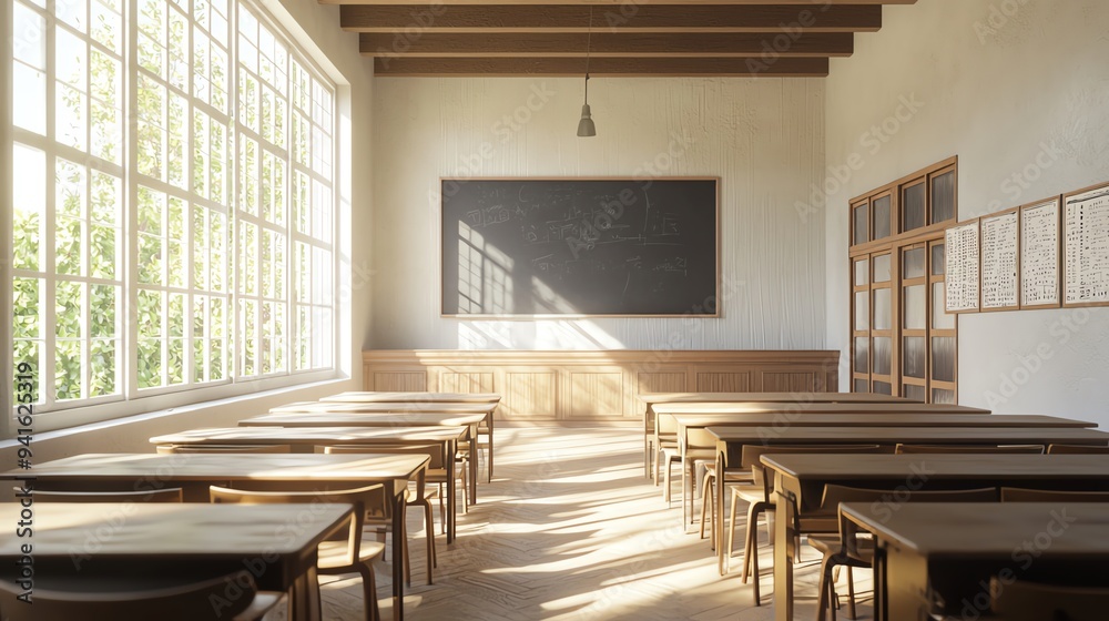 Bright and airy classroom with wooden desks and a chalkboard, perfect for educational settings and student engagement. Bright and airy classroom with wooden desks and a chalkboard, perfect for educational settings and student engagement.