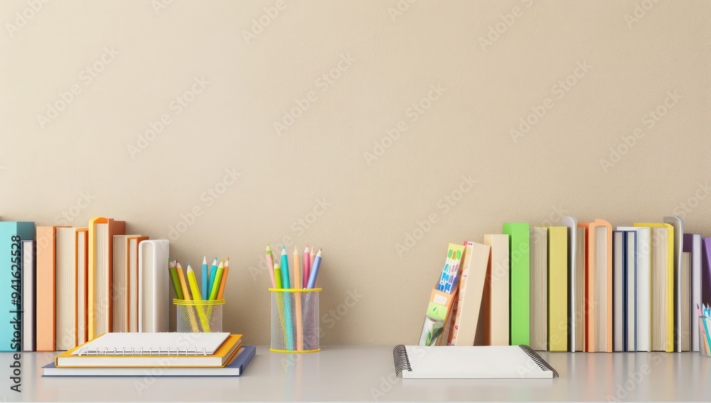 A desk with neatly arranged books, pens in pencil cups, and notepads, against a beige wall. Perfect for an office setting. A desk with neatly arranged books, pens in pencil cups, and notepads, against a beige wall. Perfect for an office setting.