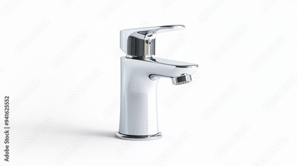 Modern 3D Vector Bathroom Faucet with Water Droplets on White Background Modern 3D Vector Bathroom Faucet with Water Droplets on White Background
