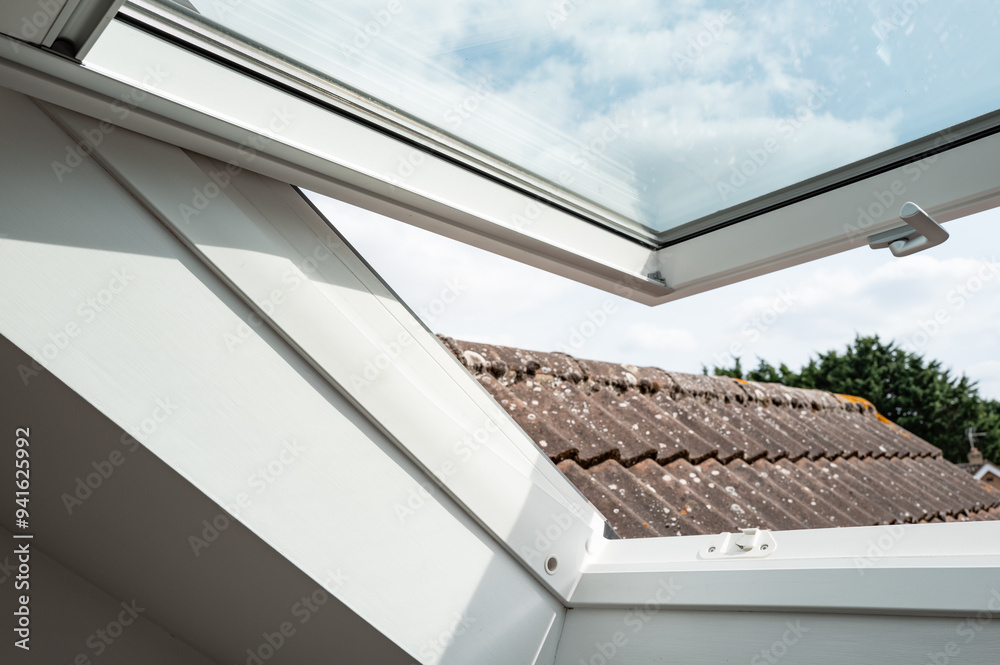 Obraz premium Newly installed skylight window seen opened in a first floor bedroom window of a converted bungalow. The window is opened to aid ventilation in the bedroom.