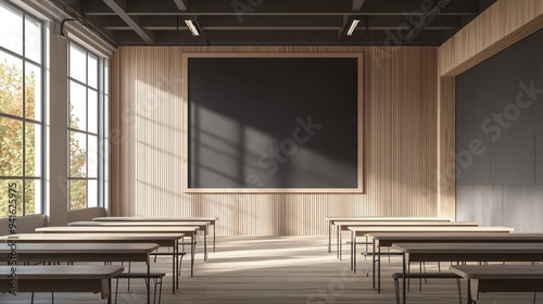 Empty classroom with wooden desks and a large blackboard on the wall. Sunlight streams through the window.