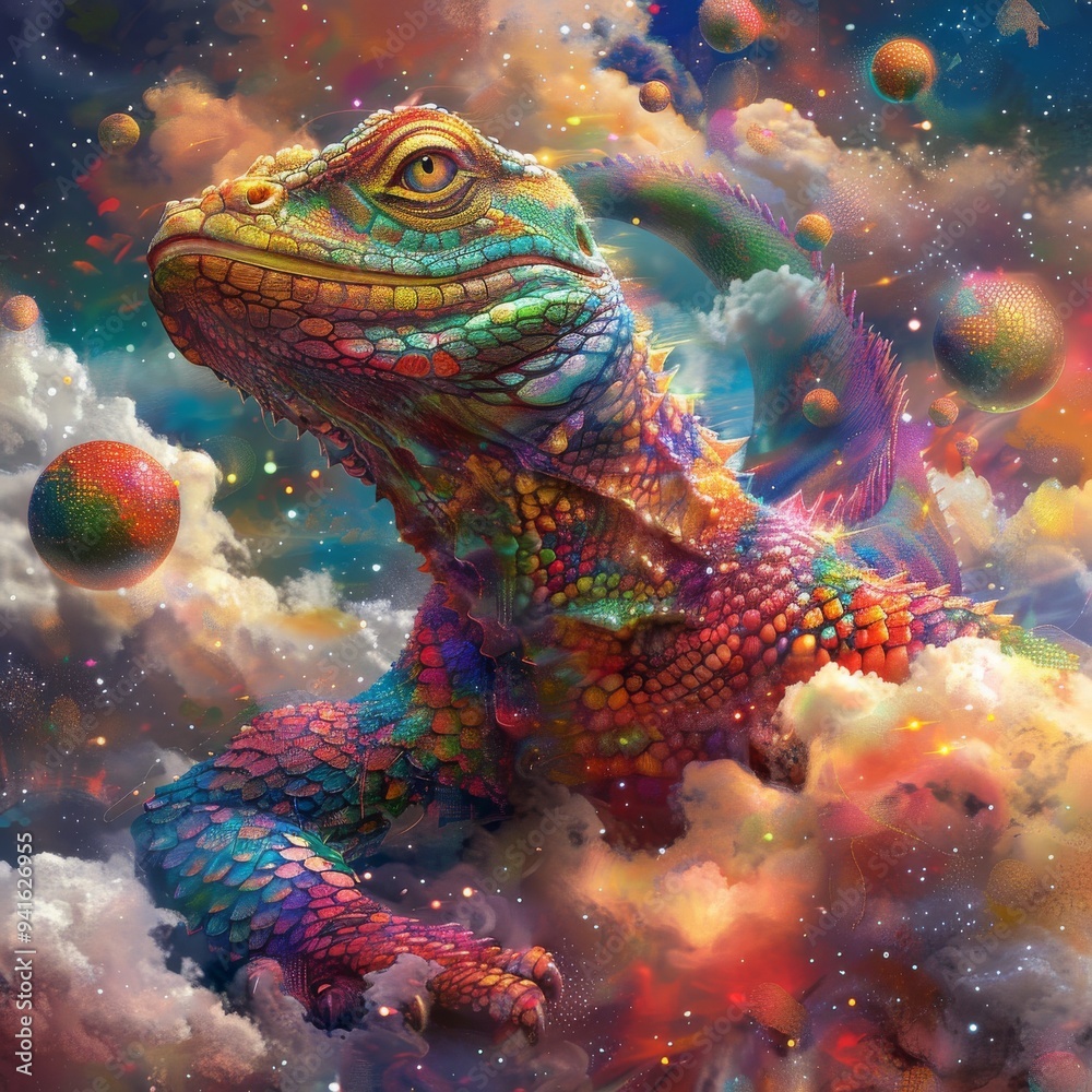Colorful chameleon is sitting on the clouds in the surreal sky. Colorful chameleon is sitting on the clouds in the surreal sky.