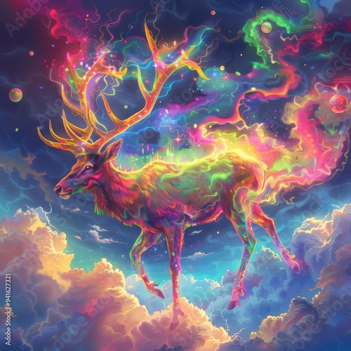 Colorful surreal painting of a deer with space background.