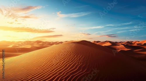 A stunning desert landscape featuring golden sand dunes under a vibrant sunset sky. Perfect for nature and travel themes.