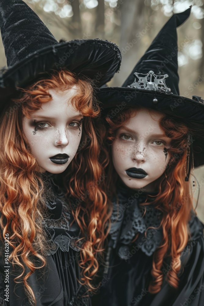 Obraz premium Two red-haired girls in witch costumes