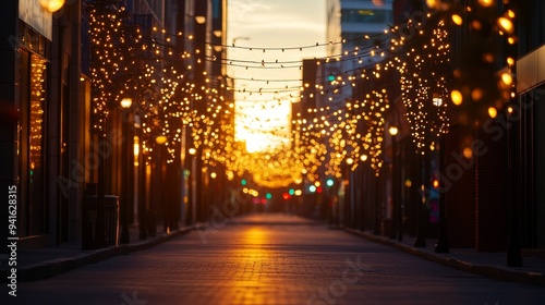 A captivating image of a city street adorned with string lights at sunset. The warm glow of the lights casts a magical ambience, inviting viewers to imagine strolling along the path, feeling the gentl photo