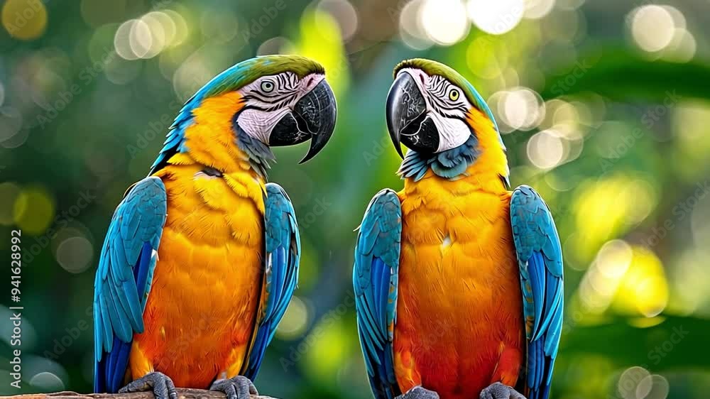 Adorable pair of macaw parrots perched on a branch Adorable pair of macaw parrots perched on a branch