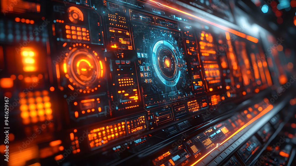 Futuristic Interface Design with Glowing Orange and Blue Lights - 3D Illustration Futuristic Interface Design with Glowing Orange and Blue Lights - 3D Illustration