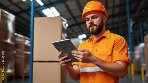 Warehouse worker using a tablet, wearing an orange safety shirt and helmet, surrounded by stacked cardboard boxes, engaged in logistics management.