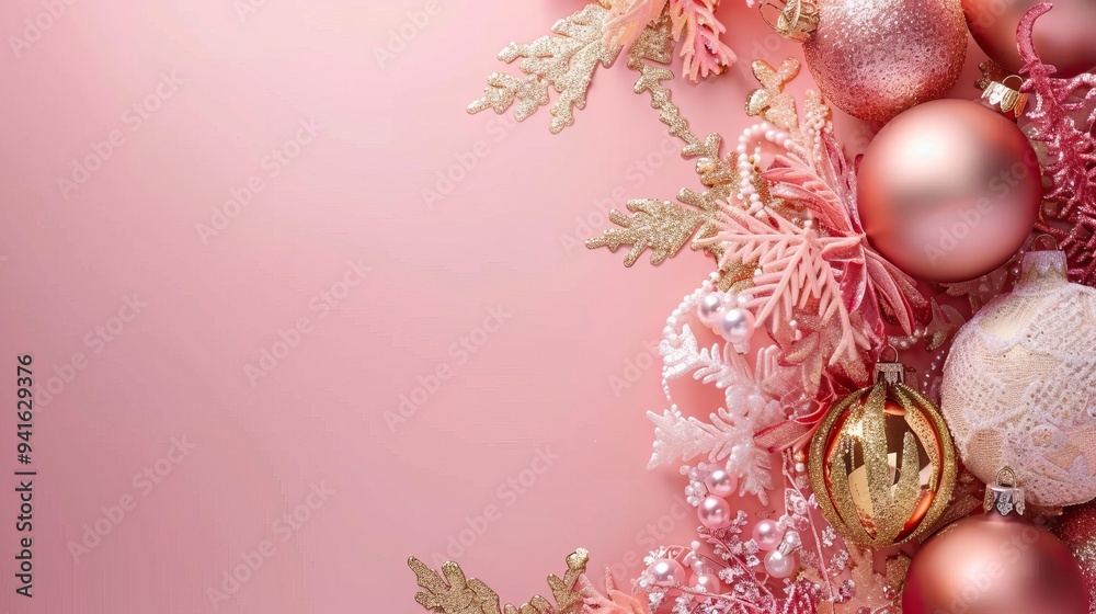 Merry Christmas and New Year. Festive composition. Beautiful pink Christmas design. Fir branches, shiny golden balls, confetti and baubles. Christmas background. Merry Christmas and New Year. Festive composition. Beautiful pink Christmas design. Fir branches, shiny golden balls, confetti and baubles. Christmas background.