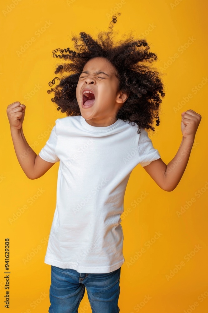Joyful Child with Curly Hair Expressing Excitement Against Vibrant Orange Background Joyful Child with Curly Hair Expressing Excitement Against Vibrant Orange Background