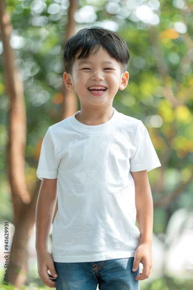 Smiling Child in White T-Shirt In Sunny Outdoor Smiling Child in White T-Shirt In Sunny Outdoor