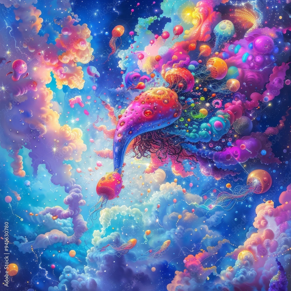 Surreal painting of a phoenix rising from the ashes in a vibrant sky.